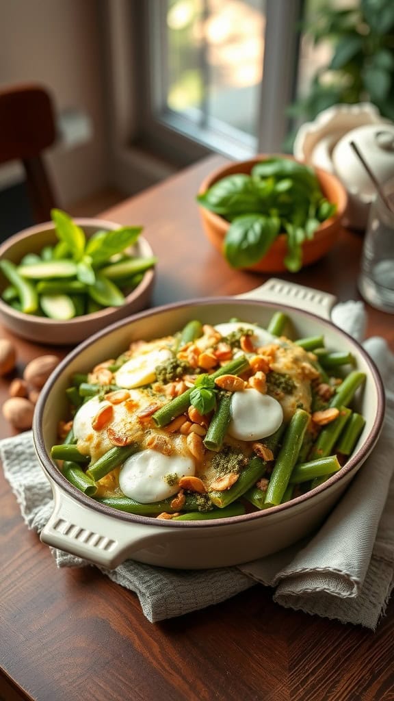 A delicious pesto green bean casserole with mozzarella cheese and crispy fried onions.