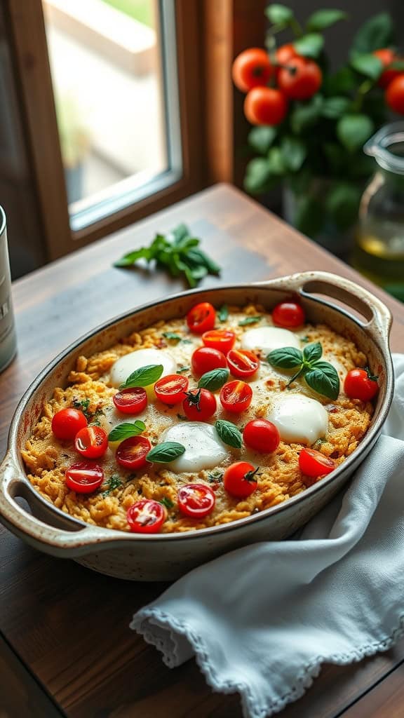 Pesto Hashbrown Casserole with mozzarella and tomatoes