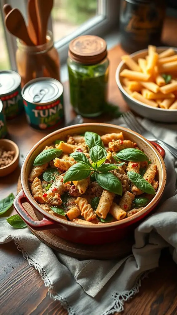 A delicious Pesto Tuna Casserole topped with fresh basil, cheese, and colorful ingredients.