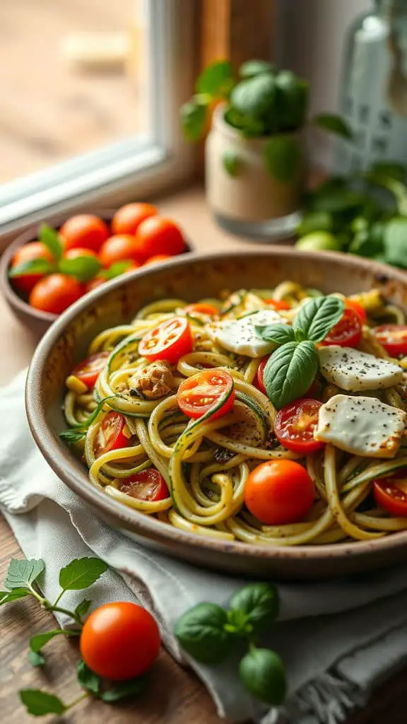 A vibrant casserole dish featuring zucchini noodles combined with pesto, cherry tomatoes, and melted mozzarella cheese.