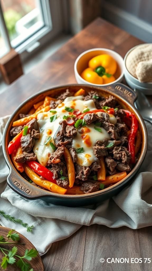 Delicious Philly cheesesteak casserole with roast beef, bell peppers, and provolone cheese