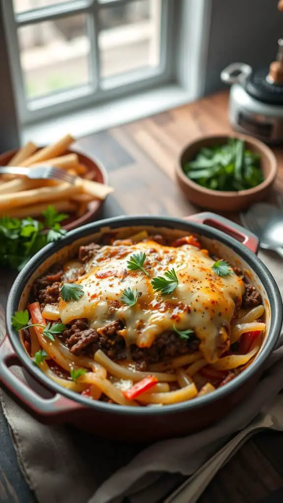 A savory casserole dish with ground beef, sautéed peppers, onions, and melted cheese.