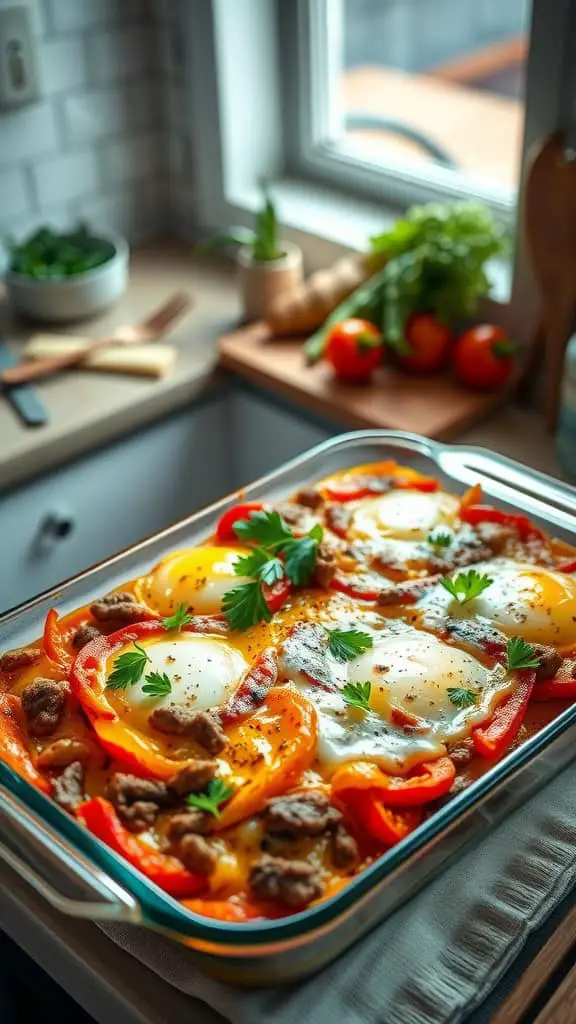 Philly Cheesesteak Egg Casserole with peppers, onions, and eggs