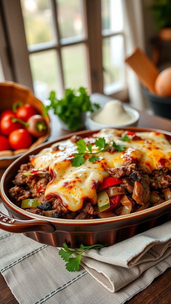 A deliciously cheesy casserole with ground beef, peppers, onions, and melted provolone cheese.