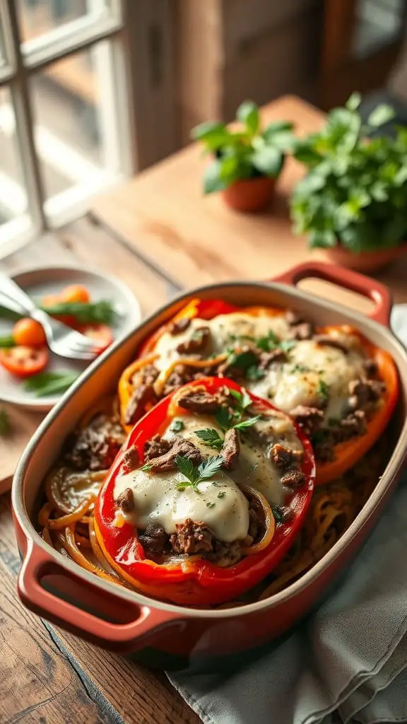 Philly Cheesesteak Stuffed Pepper Casserole with cheese and steak