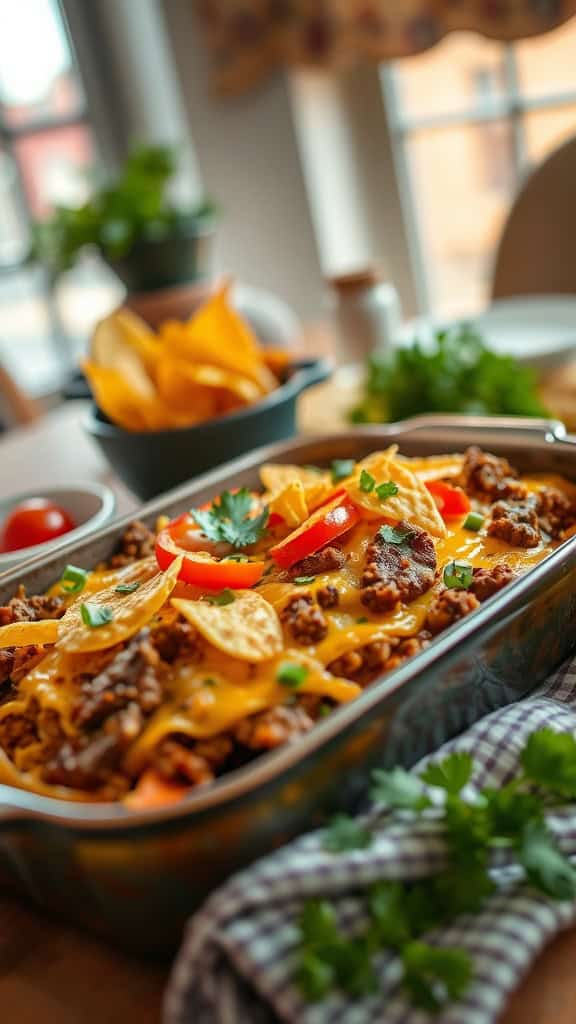 Philly Cheesesteak Taco Casserole with beef, peppers, and cheese