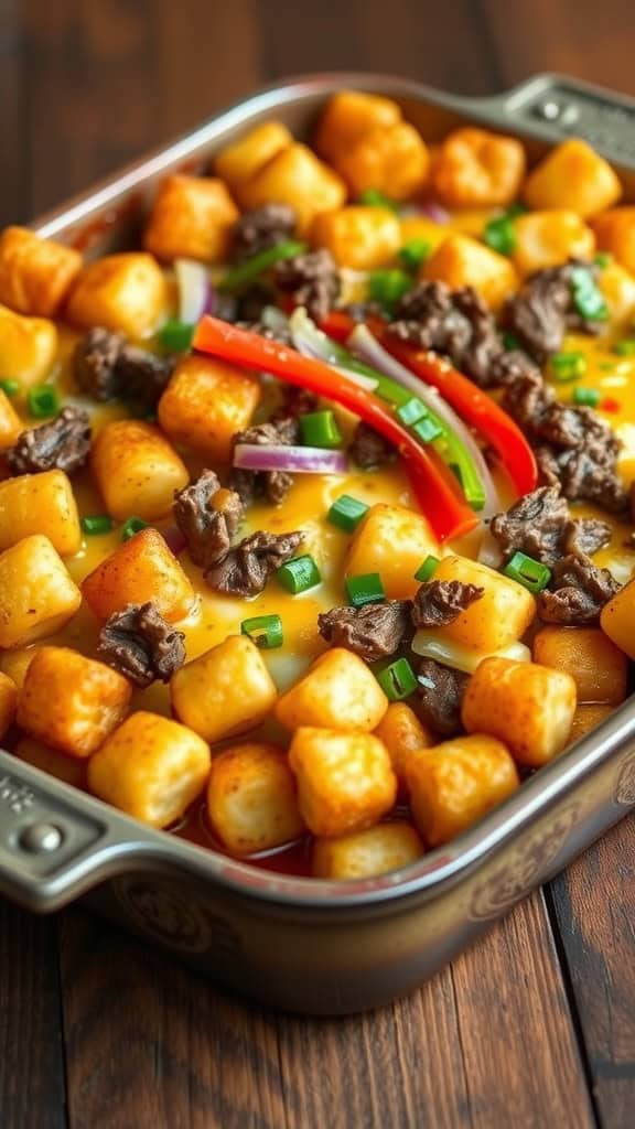 Philly Cheesesteak Tater Tot Casserole with beef, peppers, onions, cheese, and tater tots.