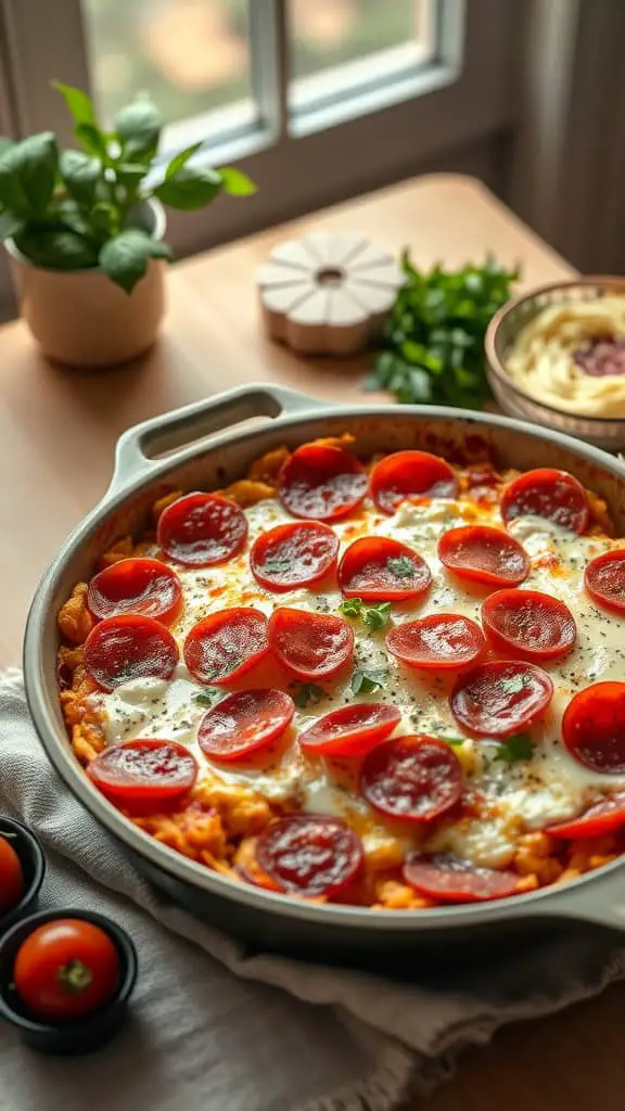 A delicious Pizza-Style Hashbrown Casserole topped with pepperoni and mozzarella cheese.