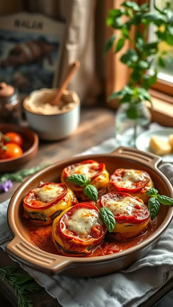 A delicious pizza-style stuffed pepper casserole with layers of pepperoni and melted cheese.