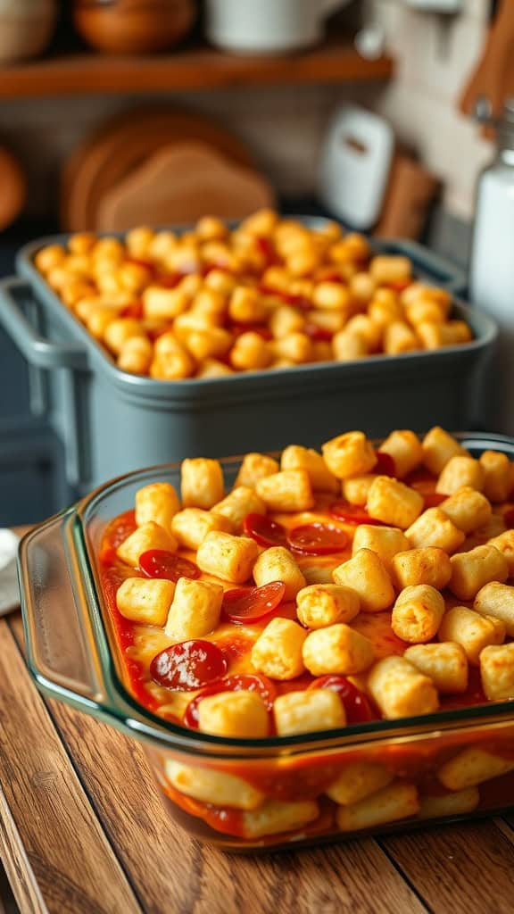 A delicious Pizza Tater Tot Casserole with layers of pepperoni, marinara sauce, and crispy tater tots.