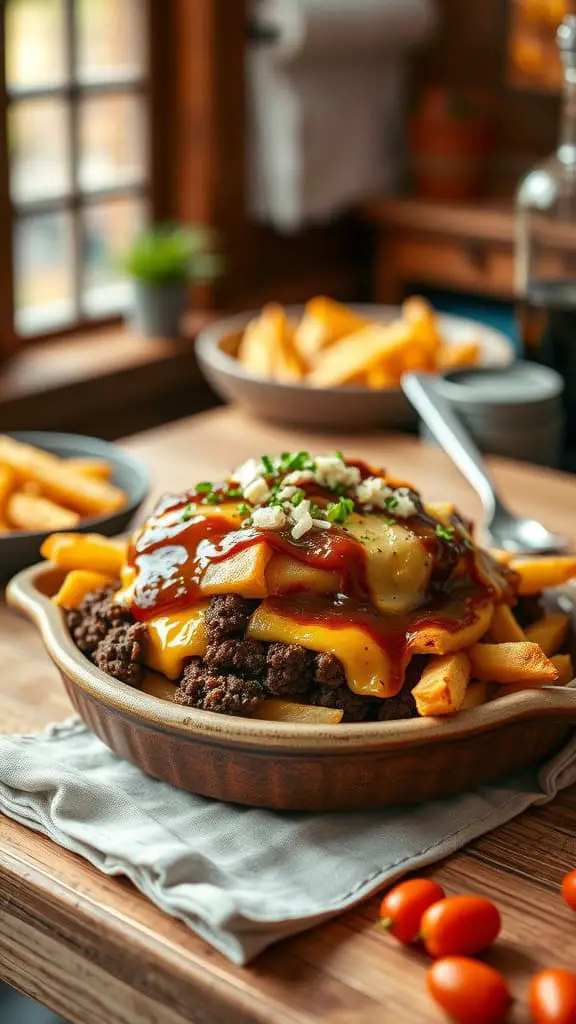 A delicious Poutine Cheeseburger Casserole with layers of fries, ground beef, cheese curds, and gravy