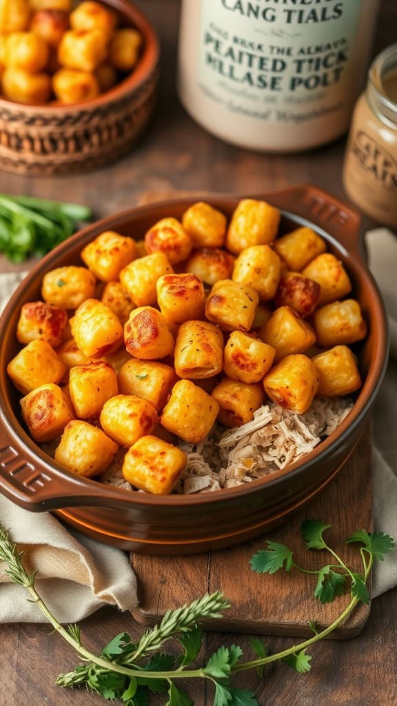 Pulled Chicken Tater Tot Casserole with crispy tater tots on top of shredded chicken.