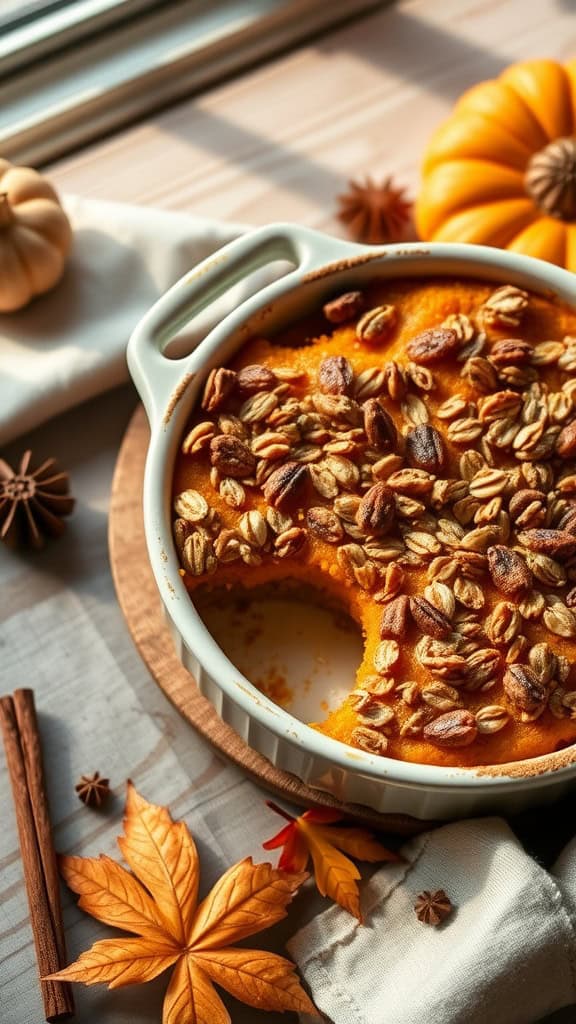 Delicious pumpkin pie breakfast bake topped with nuts and oats.