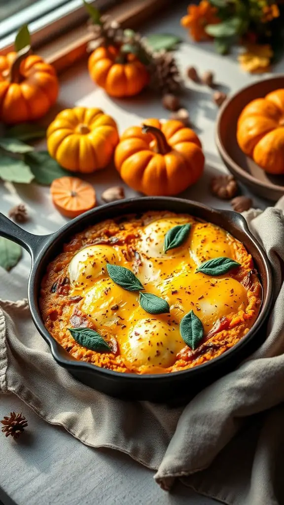 A delicious pumpkin sage egg casserole with golden eggs and fresh sage on top.