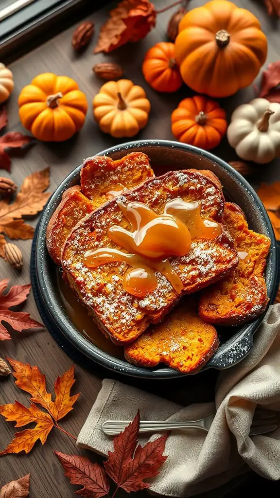 Delicious Pumpkin Spice French Toast Casserole with syrup and powdered sugar on top.