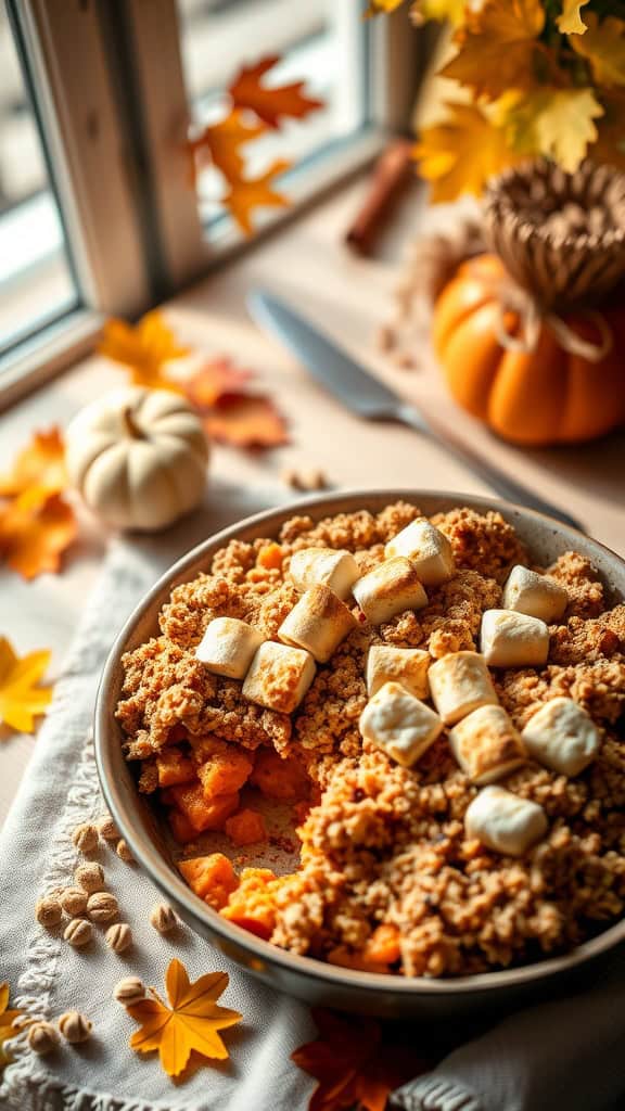 A delicious Pumpkin Spice Sweet Potato Casserole with a crumbly topping and marshmallows.