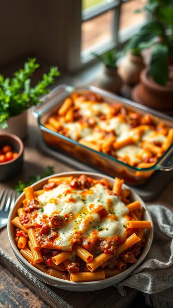 A delicious serving of baked ziti casserole topped with melted cheese.