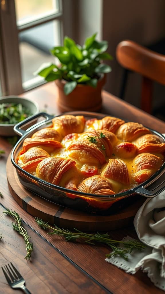 A close-up of a baked ham and swiss croissant casserole with a golden crust.