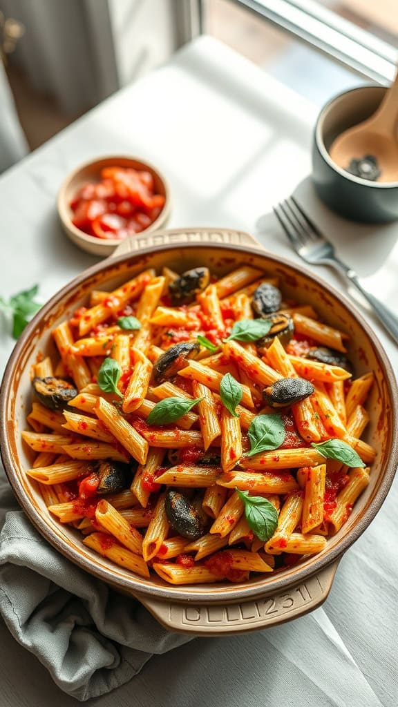 A delicious veggie-loaded pasta bake, showcasing whole-grain pasta and a colorful mix of roasted vegetables.