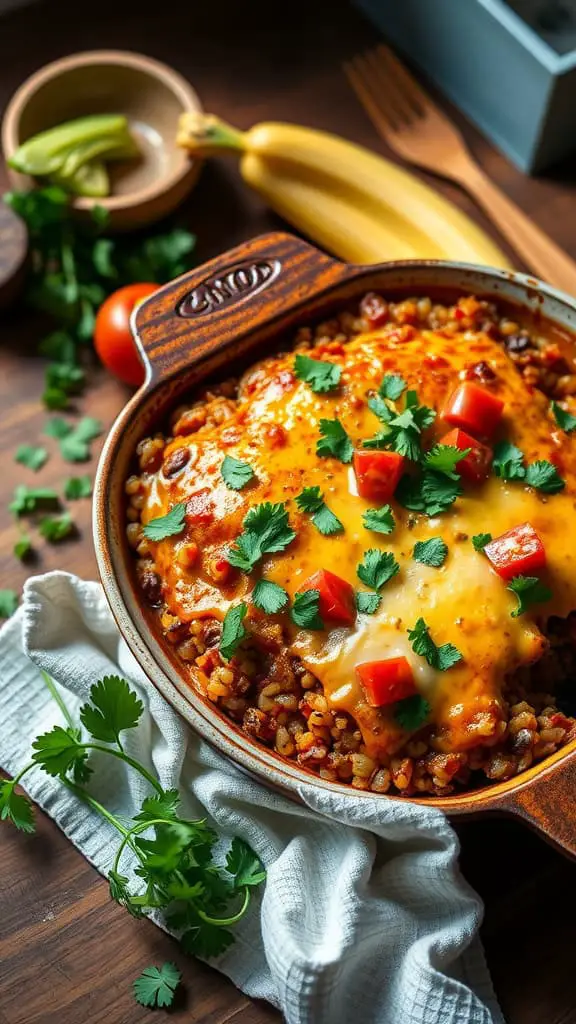 A delicious quinoa enchilada casserole topped with cheese, tomatoes, and cilantro.