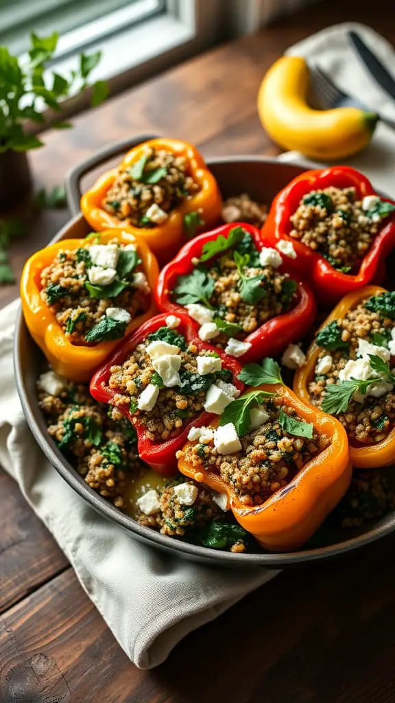 Quinoa Kale Stuffed Pepper Casserole with colorful bell peppers and healthy ingredients.