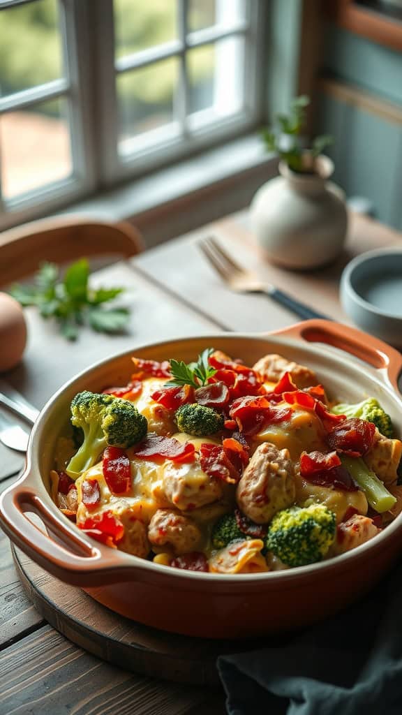 A delicious Ranch Bacon Chicken Broccoli Casserole with cheese and bacon topping.