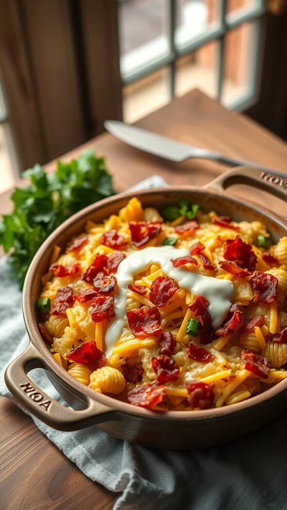 A delicious ranch bacon hashbrown casserole topped with crispy bacon and cheese.