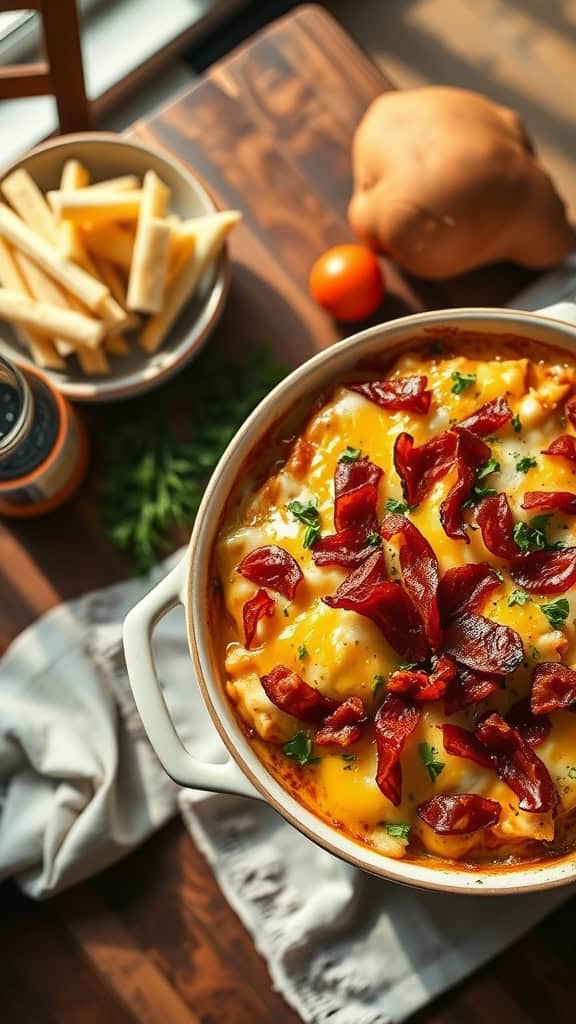 A delicious Ranch Chicken Bacon Casserole topped with crispy bacon and gooey cheese.