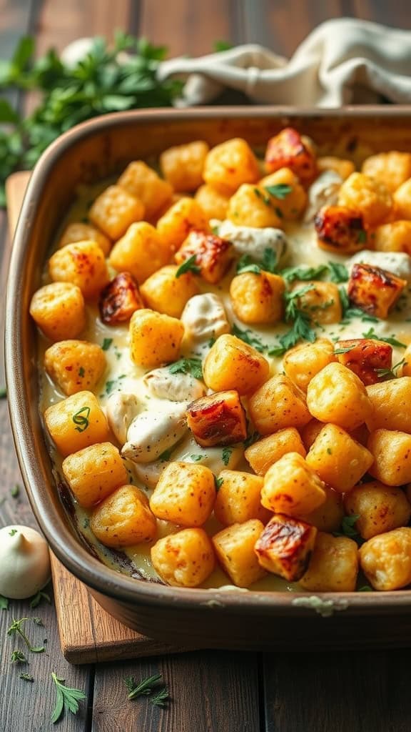 A delicious ranch chicken tater tot casserole topped with crispy tater tots.