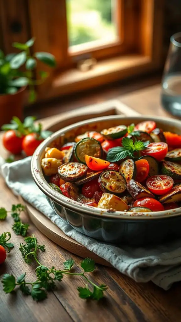 A delicious Ratatouille Tuna Casserole with layers of zucchini, eggplant, and tomatoes topped with cheese.