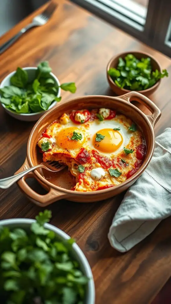 A delicious roasted red pepper and goat cheese egg bake, served in a rustic dish.