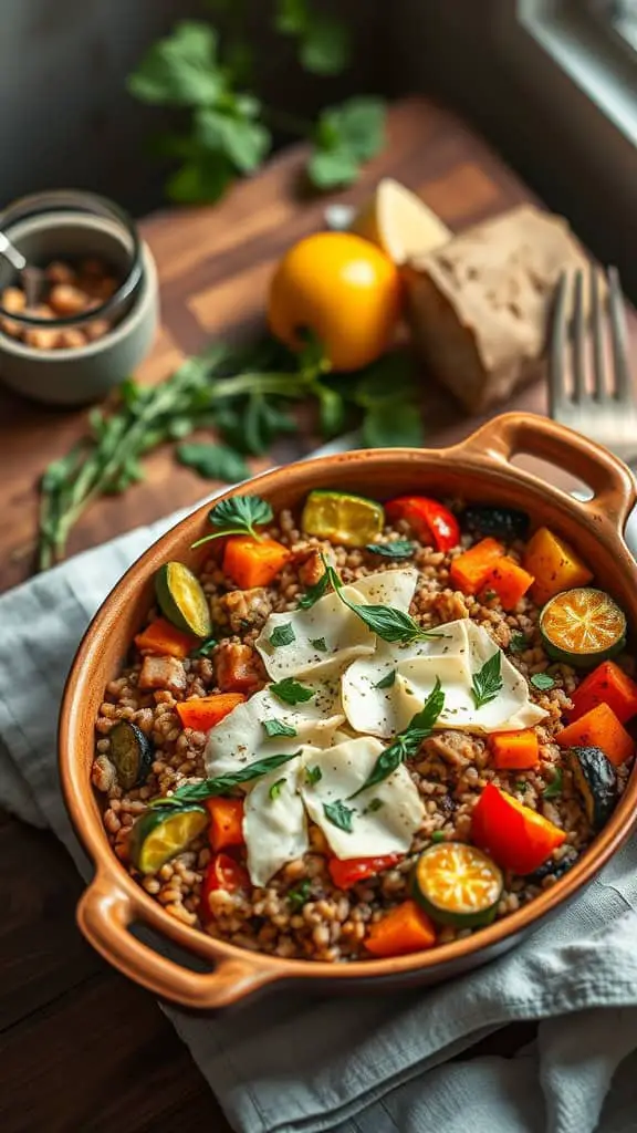 A delicious roasted veggie farro bake, featuring colorful roasted vegetables and a sprinkle of parmesan.