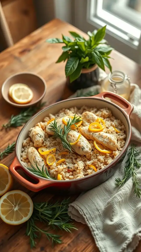 Baked chicken rice casserole with lemon slices and rosemary