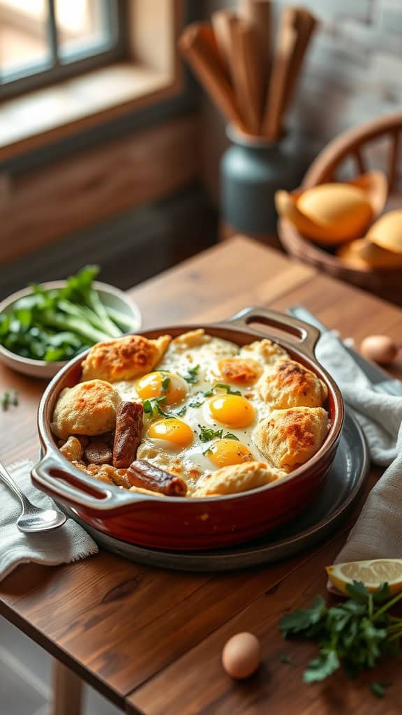 A hearty sausage and egg breakfast casserole with biscuits and cheese