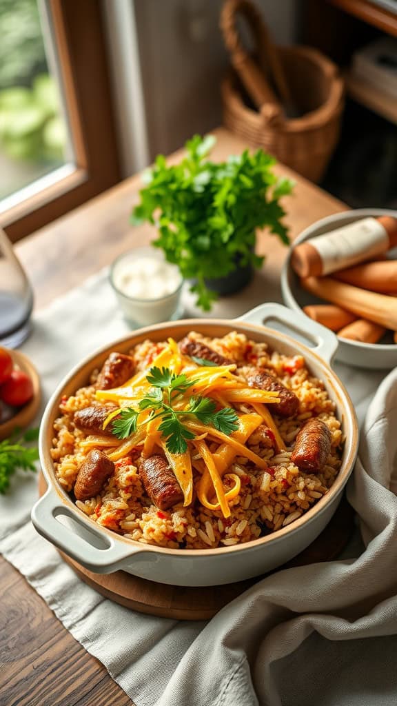 A delicious sausage and rice dinner casserole, topped with cheese and garnished with parsley.