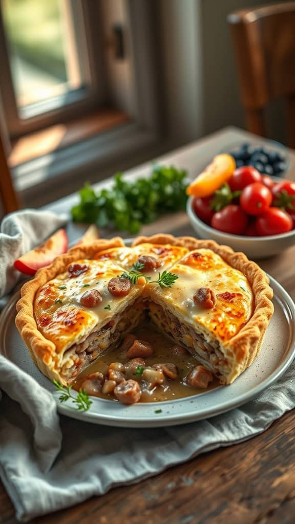 A slice of sausage gravy and biscuit quiche bake on a plate