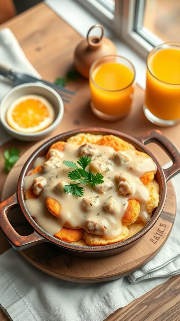 A delicious sausage gravy biscuit bake with fluffy biscuits and creamy gravy.