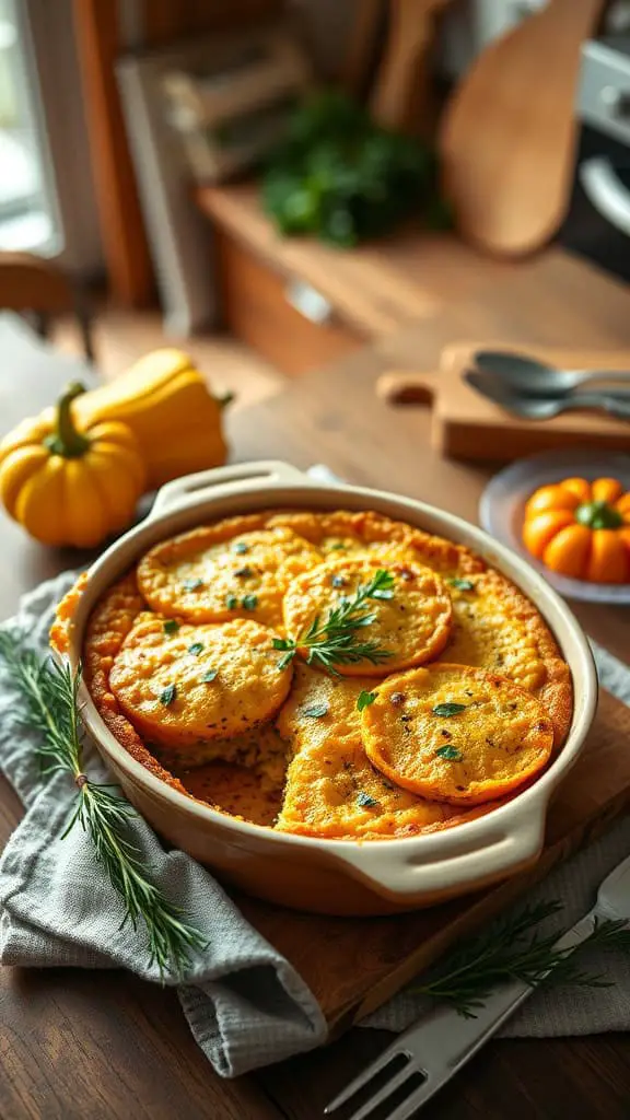 A savory herb squash cornbread casserole, baked until golden with herbs on top.
