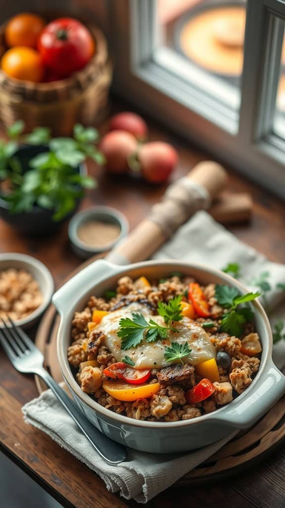 Savory Oats Breakfast Bake with vegetables and cheese in a casserole dish