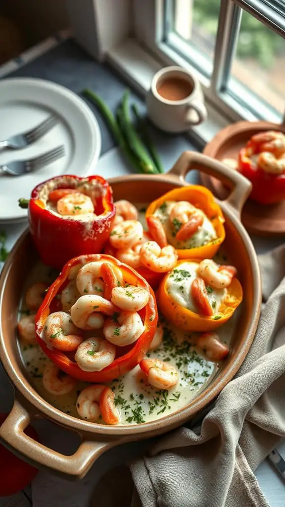 Seafood Medley Stuffed Pepper Casserole with shrimp and crab in bell peppers