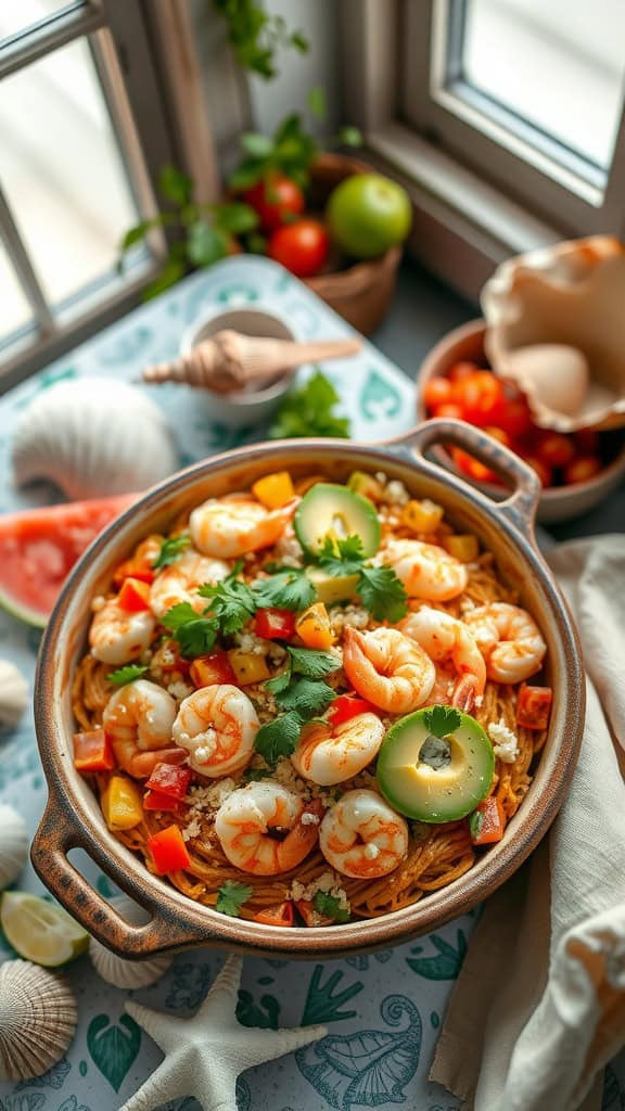 A hearty seafood taco casserole with shrimp, crab meat, tortillas, and topped with fresh avocado and cilantro.