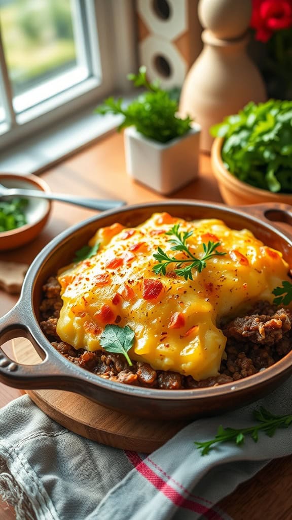 A delicious serving of Shepherd’s Pie Hamburger Casserole with a golden cheese layer