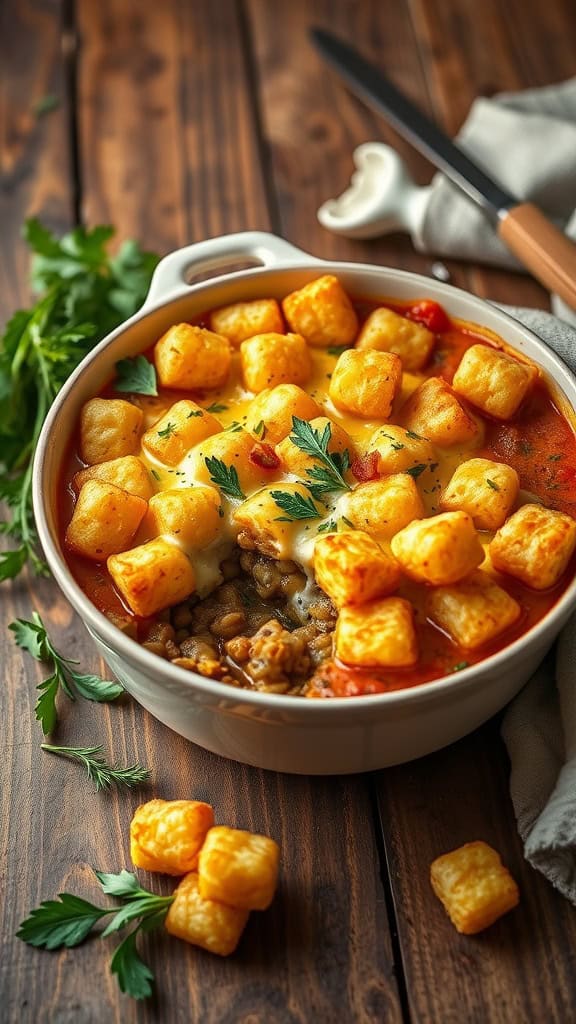 A delicious Shepherd's Pie Tater Tot Casserole topped with crispy Tater Tots and melted cheese.