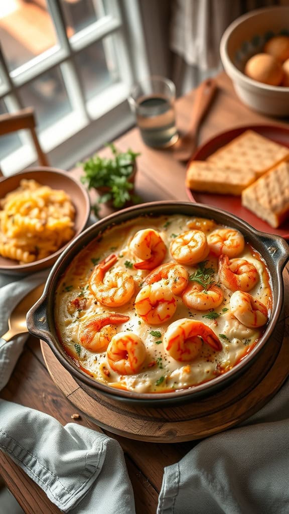 A creamy shrimp and grits casserole dish topped with succulent shrimp and garnished with parsley.