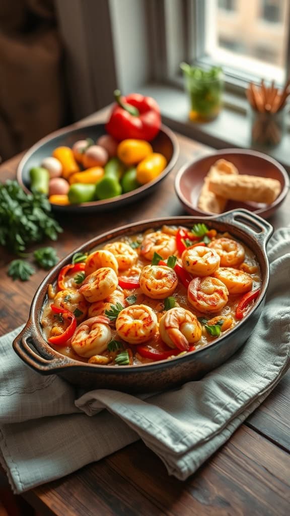 A delicious shrimp fajita bake with bell peppers and cheese.