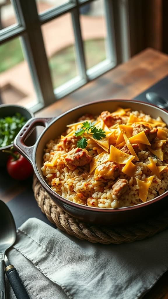 A hearty chicken and rice casserole topped with melted cheddar cheese, served in a rustic dish.