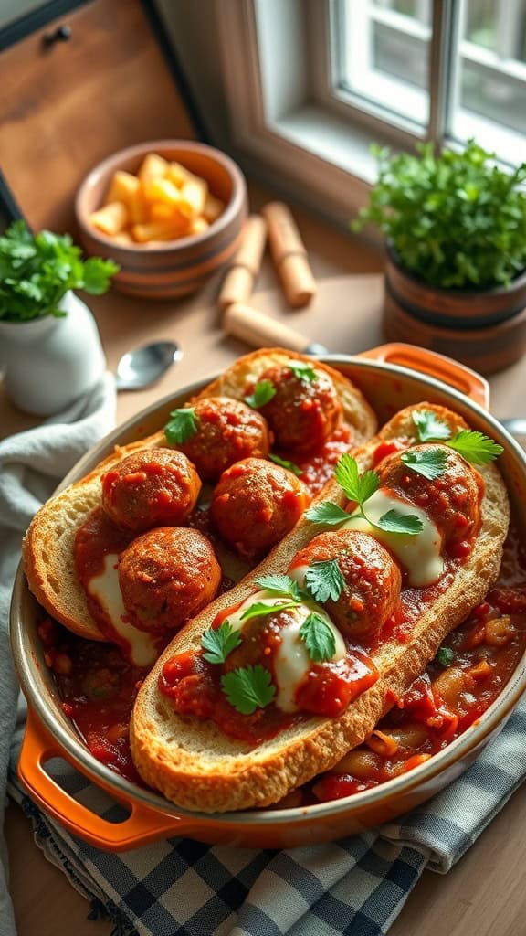 A delicious meatball sub bake with meatballs, marinara, and mozzarella over garlic bread.