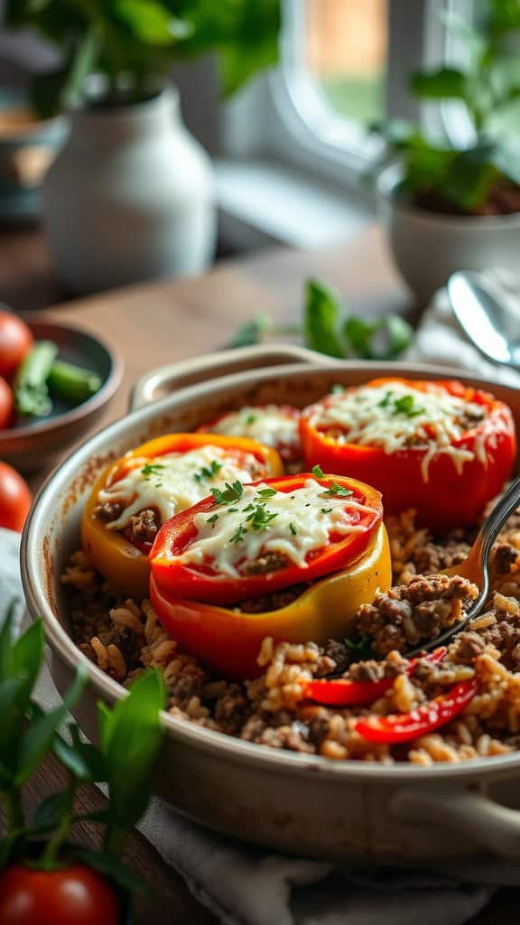 Simple Stuffed Pepper Casserole with ground beef, rice, and bell peppers topped with cheese