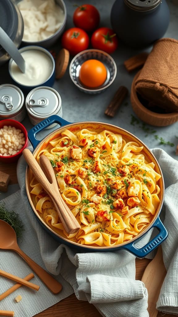 A delicious and comforting tuna noodle bake in a blue casserole dish, topped with breadcrumbs and cheese.