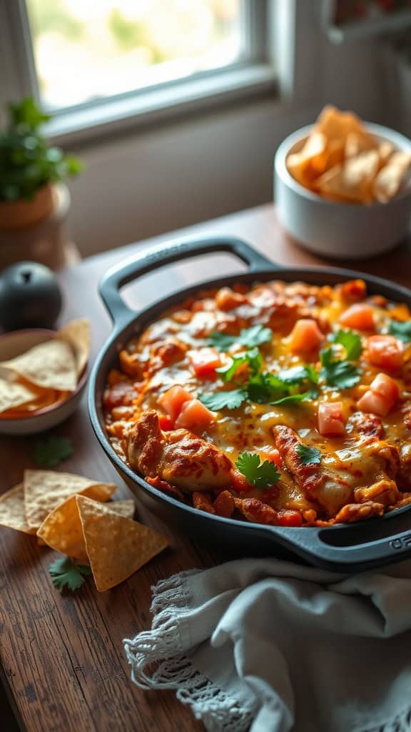 A delicious skillet chicken enchilada casserole topped with cheese and cilantro, served with tortilla chips.